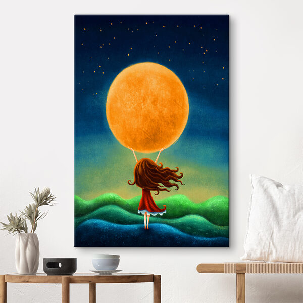 Spotprent van een meisje in een rode jurk op een heuvel Canvas Schilderijen Spotprent van een meisje in een rode jurk op een heuvel