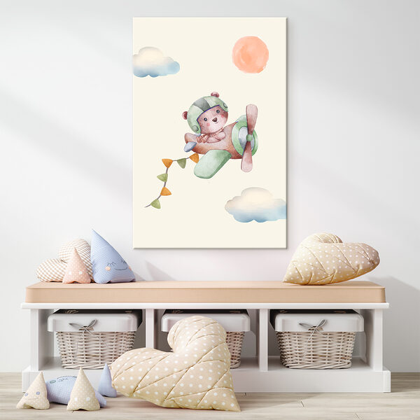 Aquarel van een teddybeer in een vliegtuig Canvas Schilderijen Aquarel van een teddybeer in een vliegtuig