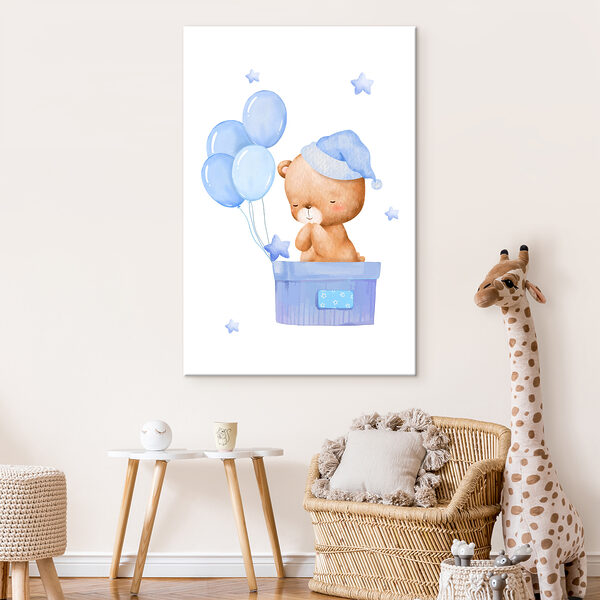 Teddybeer in een doos met ballonnen Canvas Schilderijen Teddybeer in een doos met ballonnen