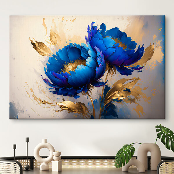 Blauwe bloemen met metallic accenten Canvas Schilderijen Blauwe bloemen met metallic accenten