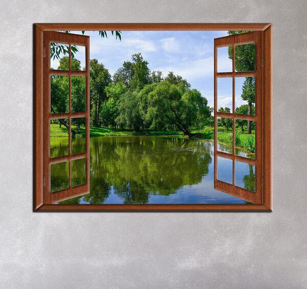 Uitzicht op een vijver door een raam Canvas Schilderijen Uitzicht op een vijver door een raam