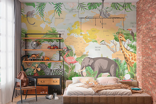 Een olifant met slagtanden en planten Fotobehang Een olifant met slagtanden en planten