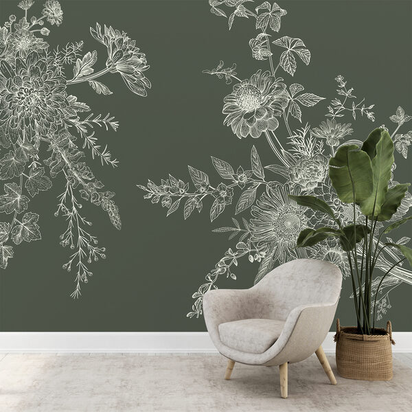 Elegante bloemenschets op donkere achtergrond Fotobehang Elegante bloemenschets op donkere achtergrond