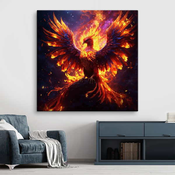 Vogel met gespreide vleugels en vlammen op de achtergrond Canvas Schilderijen Vogel met gespreide vleugels en vlammen op de achtergrond