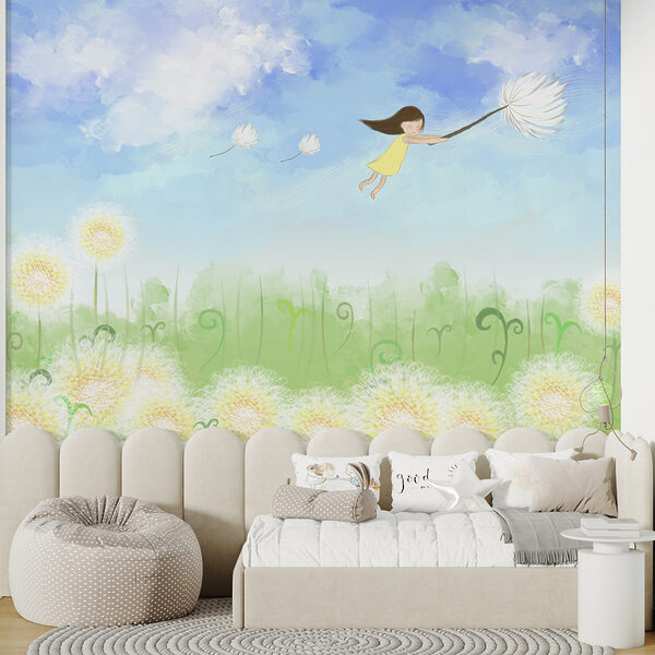 Vliegend meisje met een paardenbloemzaadje Fotobehang Vliegend meisje met een paardenbloemzaadje