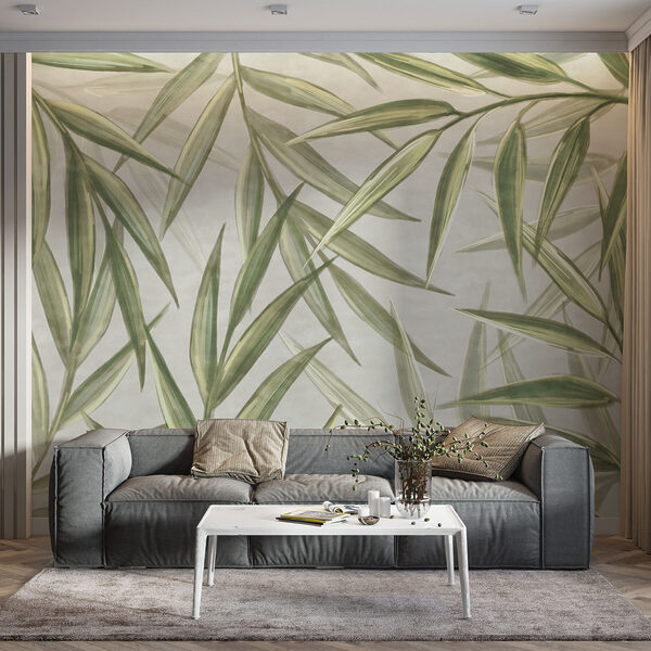 Groene bladeren op bleke achtergrond Fotobehang Groene bladeren op bleke achtergrond