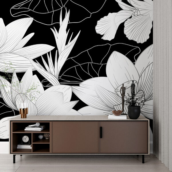 Elegant zwart-wit bloemmotief Fotobehang Elegant zwart-wit bloemmotief