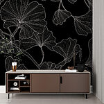 Fotobehang Elegant ginkgo patroon op zwarte achtergrond