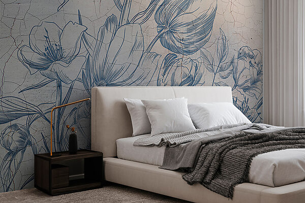 Tekening van een bloem op een muur Fotobehang Tekening van een bloem op een muur