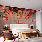 Fotobehang Levendige bloesems op rustiek canvas.