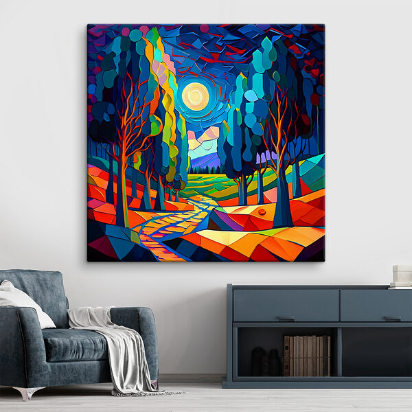 Kleurrijk landschap met bomen en een pad Canvas Schilderijen Kleurrijk landschap met bomen en een pad