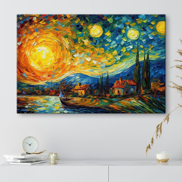 Levendige wervelende lucht boven het dorp Canvas Schilderijen Levendige wervelende lucht boven het dorp