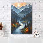 Canvas Schilderijen Schilderij van bergen en de zon