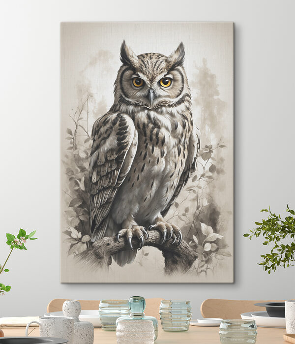 Vorstelijke uil neergestreken in bos Canvas Schilderijen Vorstelijke uil neergestreken in bos