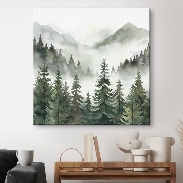 Nevelig bos met uitzicht op de bergen Canvas Schilderijen Nevelig bos met uitzicht op de bergen