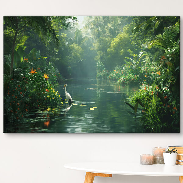 Serene jungle rivier met reiger Canvas Schilderijen Serene jungle rivier met reiger