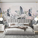 Fotobehang Groep flamingo's en bladeren