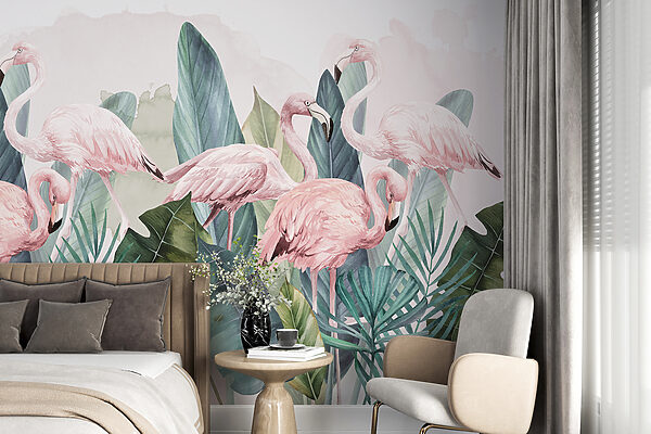 Groep roze flamingo's en bladeren Fotobehang Groep roze flamingo's en bladeren
