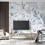 Fotobehang Flamingo's en gebladerte in aquarel harmonie.