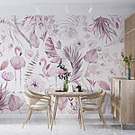 Fotobehang Pastelkleurige flamingo's tussen bloemmotieven