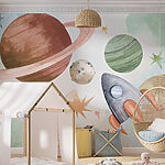 Fotobehang Raket vliegt langs kleurrijke planeten.