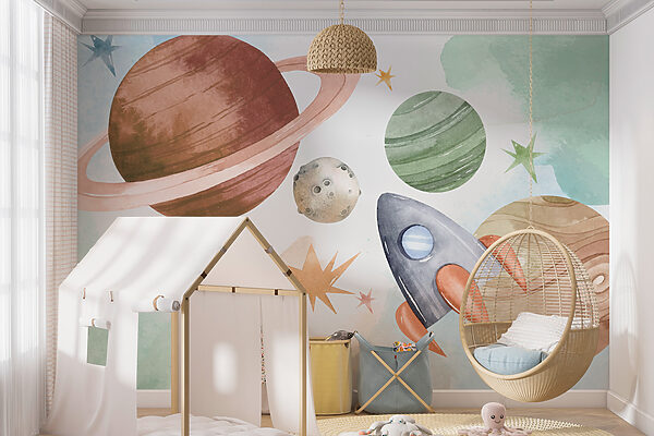 Raket vliegt langs kleurrijke planeten Fotobehang Raket vliegt langs kleurrijke planeten