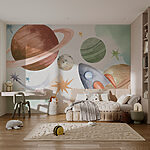 Fotobehang Raket vliegt langs kleurrijke planeten