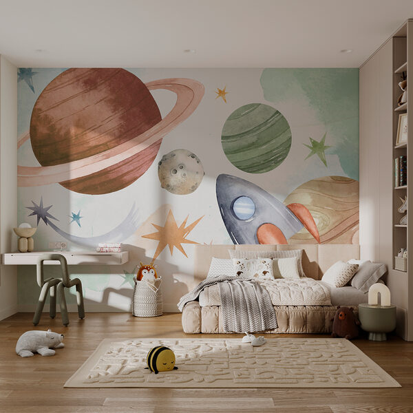 Raket vliegt langs kleurrijke planeten Fotobehang Raket vliegt langs kleurrijke planeten