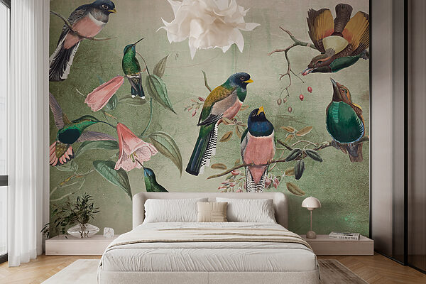 Groep vogels op een tak Fotobehang Groep vogels op een tak