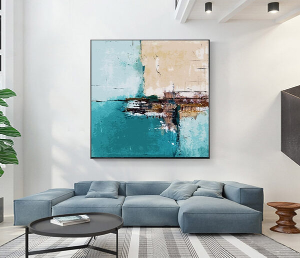Abstracte tinten groenblauw en beige Canvas Schilderijen Abstracte tinten groenblauw en beige