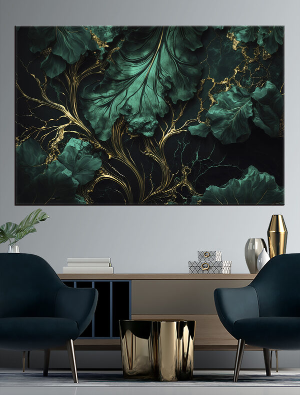 Groenblauwe bladeren met metallic aderen Canvas Schilderijen Groenblauwe bladeren met metallic aderen