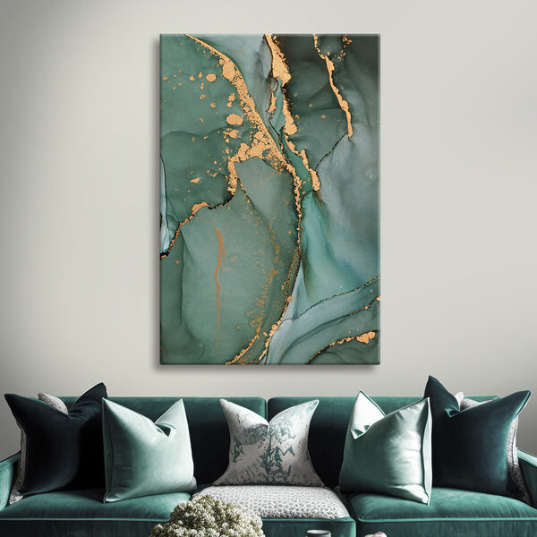 Abstract ontwerp van groene en oranje wervelingen Canvas Schilderijen Abstract ontwerp van groene en oranje wervelingen