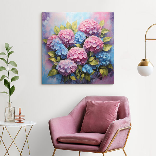 Schilderij van roze en blauwe hortensiabloemen Canvas Schilderijen Schilderij van roze en blauwe hortensiabloemen