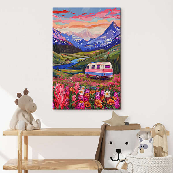 Van in levendig berglandschap reis Canvas Schilderijen Van in levendig berglandschap reis