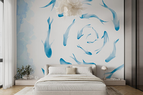 Groep blauwe vissen Fotobehang Groep blauwe vissen