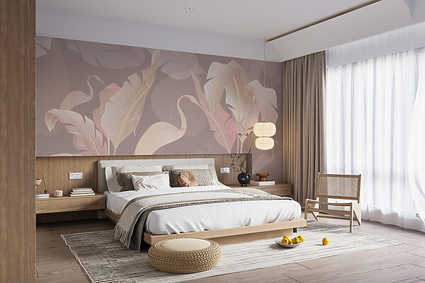 Fotobehang Fotobehang Elegant ontwerp met bladeren en vogels (Artikelnummer: w00538)