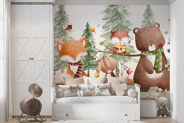 Groep dieren in een bos Fotobehang Groep dieren in een bos