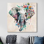 Canvas Schilderijen Olifant omringd door kleurrijke bloesems.