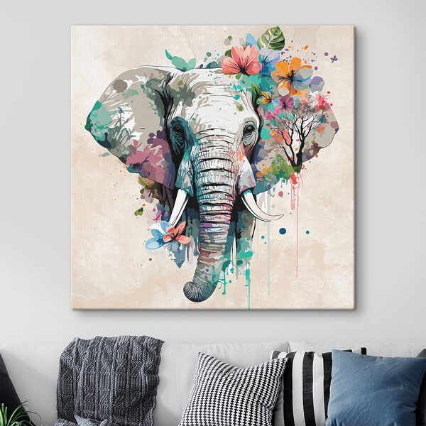 Olifant omringd door kleurrijke bloesems Canvas Schilderijen Olifant omringd door kleurrijke bloesems