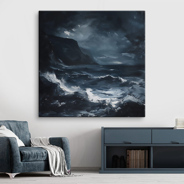 Donkere golven slaan neer onder een stormachtige hemel Canvas Schilderijen Donkere golven slaan neer onder een stormachtige hemel