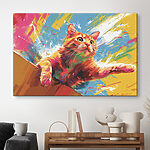 Canvas Schilderijen Kleurrijke kat springt door spetters.