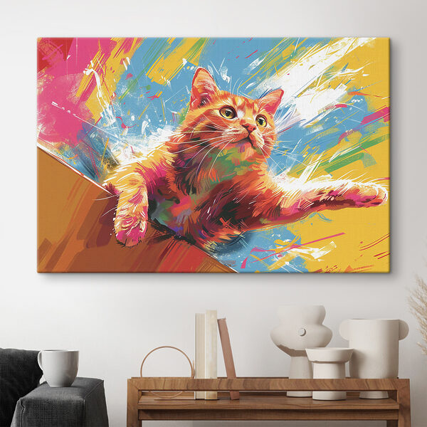 Kleurrijke kat springt door spetters Canvas Schilderijen Kleurrijke kat springt door spetters