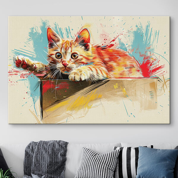 Poesje gluurt speels uit doos Canvas Schilderijen Poesje gluurt speels uit doos