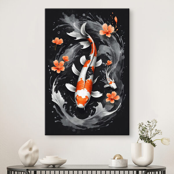 Koivissen zwemmen met oranjebloesems Canvas Schilderijen Koivissen zwemmen met oranjebloesems