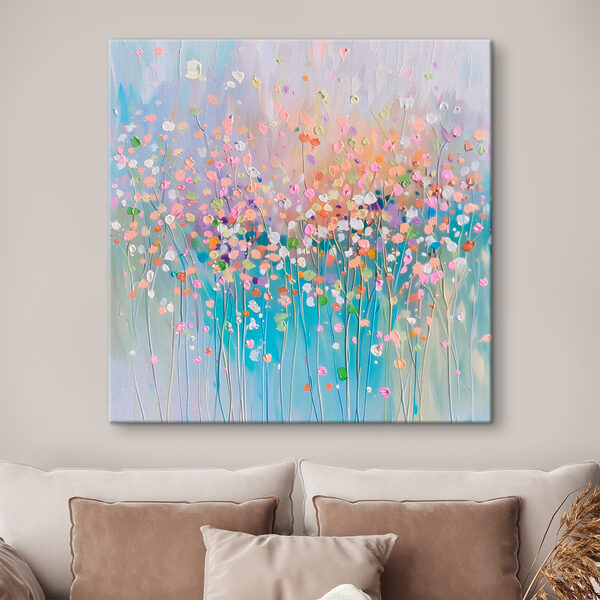 Schilderij van bloemen op een blauwe achtergrond Canvas Schilderijen Schilderij van bloemen op een blauwe achtergrond