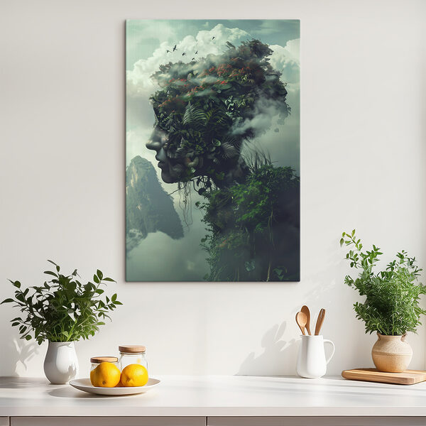 Gezicht van een persoon met planten en wolken Canvas Schilderijen Gezicht van een persoon met planten en wolken