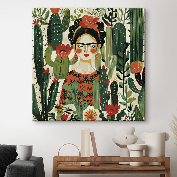 Vrouw omringd door levendige cactussen Canvas Schilderijen Vrouw omringd door levendige cactussen