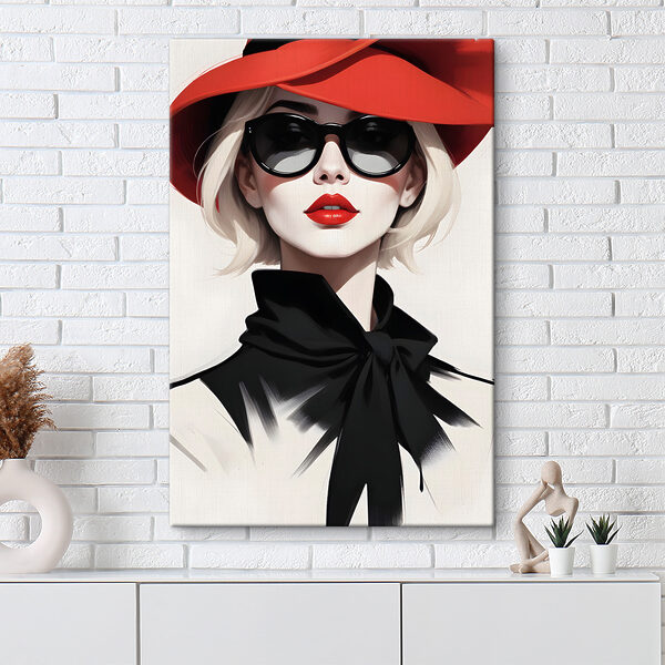 Vrouw met rode hoed en zonnebril Canvas Schilderijen Vrouw met rode hoed en zonnebril