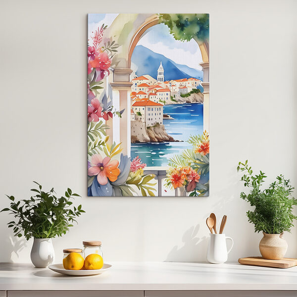 Dorpsgezicht aan de kust door boogdoorgang Canvas Schilderijen Dorpsgezicht aan de kust door boogdoorgang