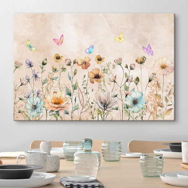 Kleurrijke vlinders dansen boven wilde bloemen Canvas Schilderijen Kleurrijke vlinders dansen boven wilde bloemen
